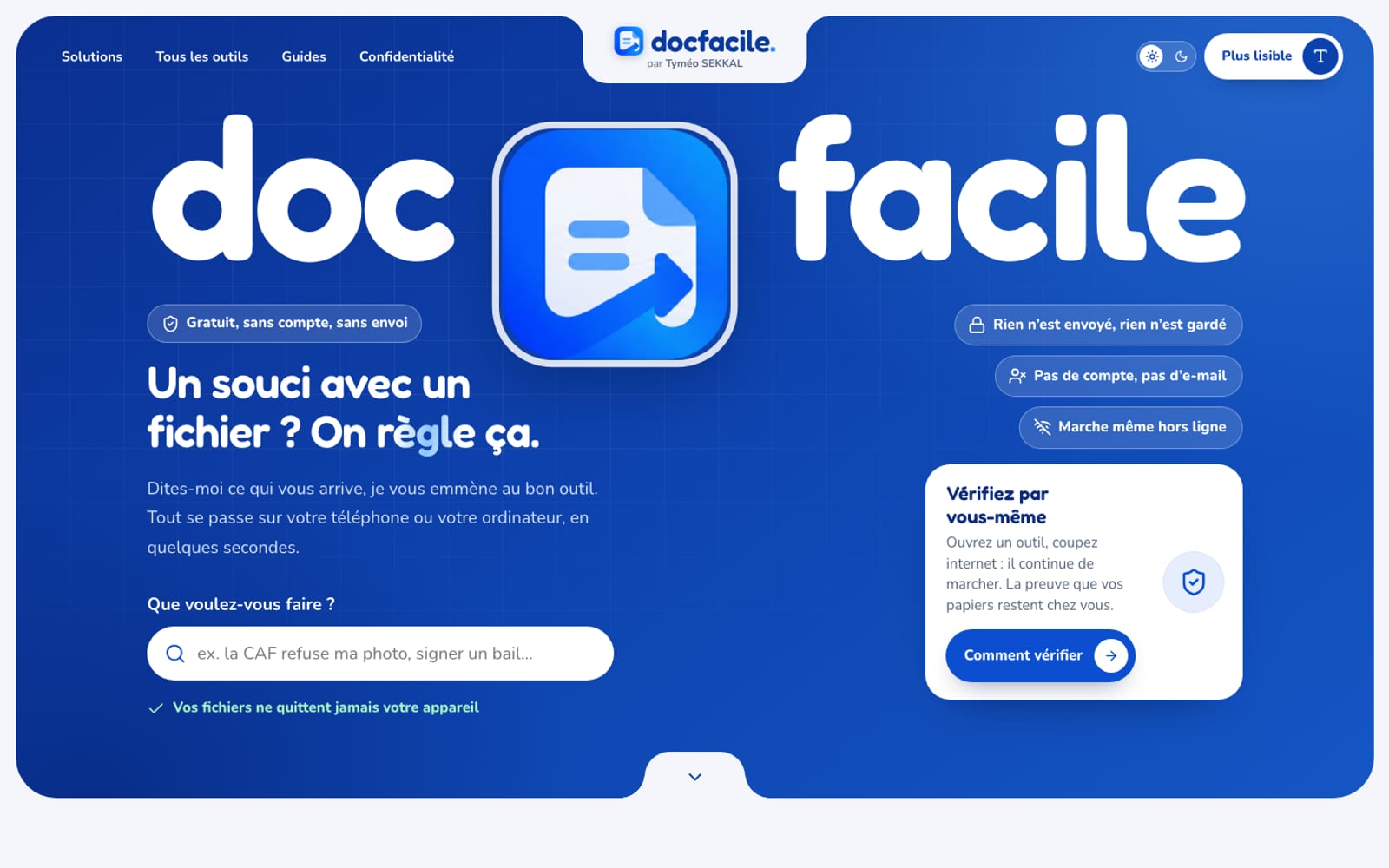 Page d'accueil de DocFacile, l'outil PDF gratuit créé par Tyméo SEKKAL