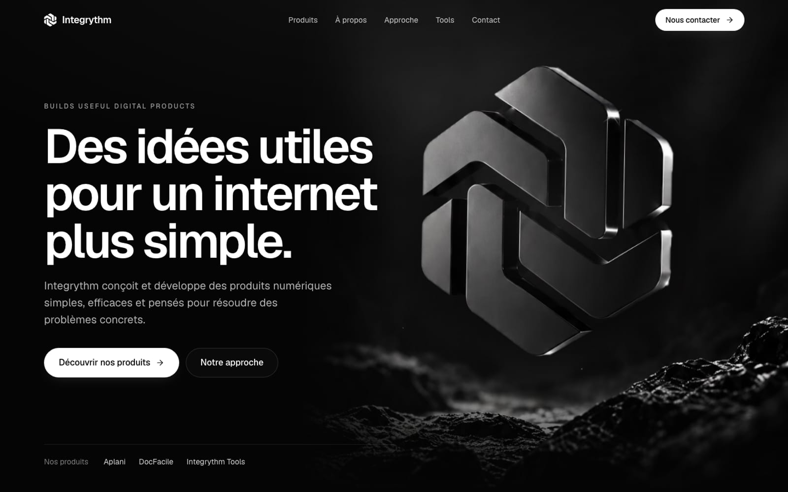 Page d'accueil d'Integrythm, la société fondée par Tyméo SEKKAL, avec son logo en métal