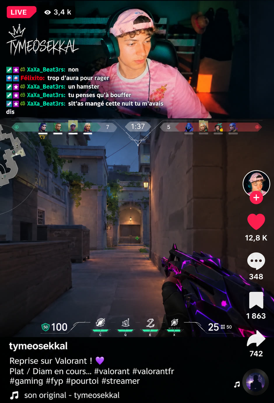 Capture d'un live TikTok de Tyméo SEKKAL sur Valorant, avec 3 400 spectateurs et 12 800 j'aime