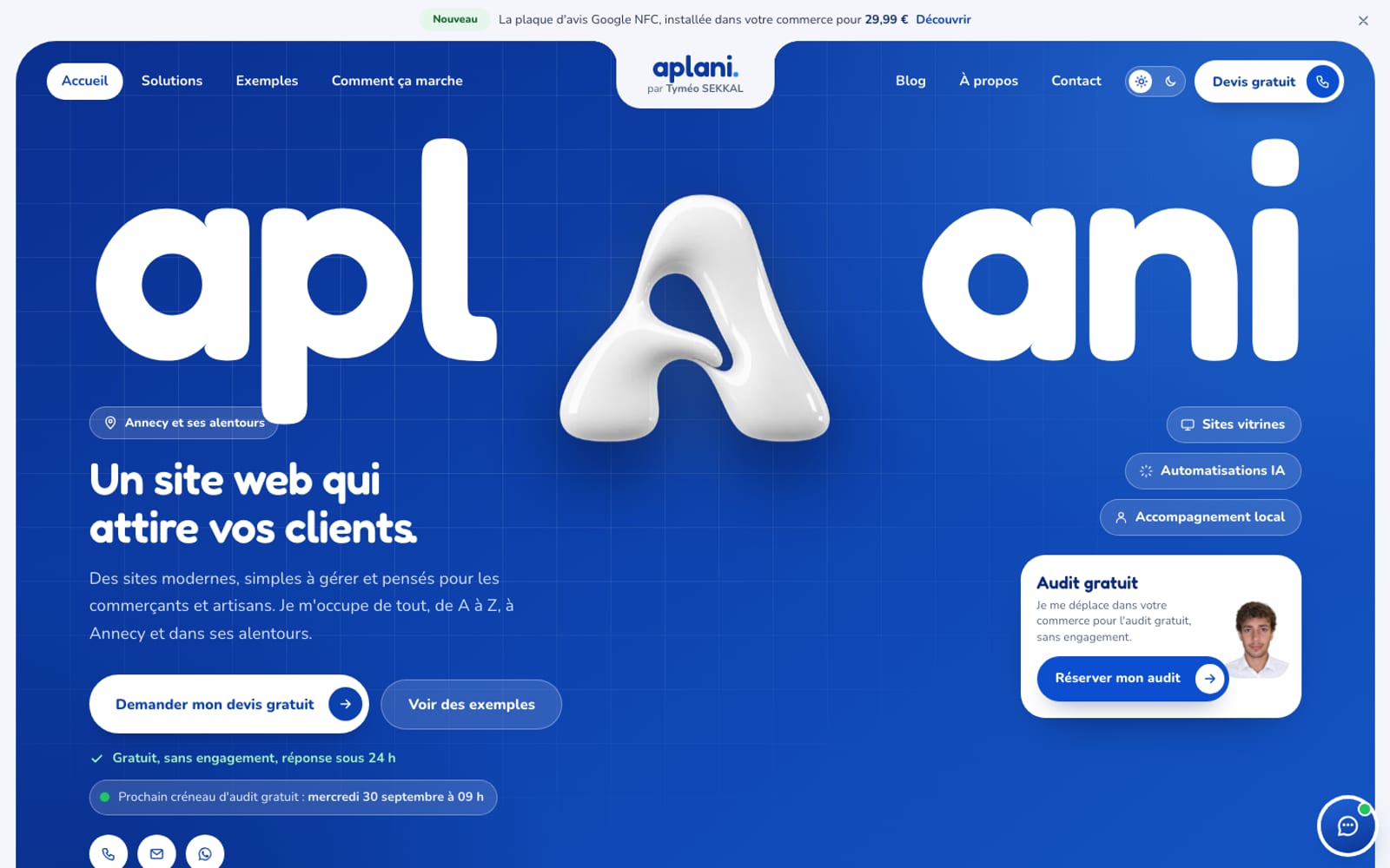Page d'accueil du site Aplani, l'agence de création de sites web fondée par Tyméo SEKKAL